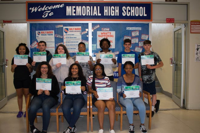 Millville Memorial High School’s Students of the Month for April are: (Front row, from left) Alana Preston, Aniyah Rivera, Zonnai Stephenson and Tashina Romelus; and (back row, from left) Jania Lane, Devon Schultz, Olivia Diemond, Mark Green, DeAndre Harris, Jacob Lewis and Norton Scott. Adrain Colon Matos is not pictured.