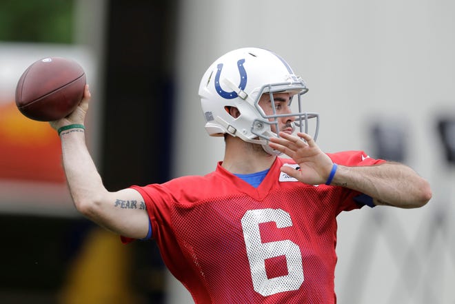 Indianapolis Colts quarterback Chad Kelly (6) throws during a drill as the team practiced at the NFL football team's facility, Wednesday, May 29, 2019, in Indianapolis. (AP Photo/Darron Cummings)