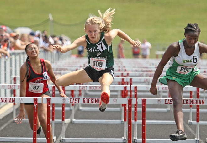 Wilson Memorial's Paige Miller competes in the 100 meter hurdles at the VHSL 1A/2A state track and field championships at East Rockingham High School in Elkton on Saturday, June 1, 2019.
