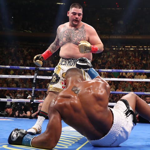 Andy Ruiz Jr. knocks down Anthony Joshua.