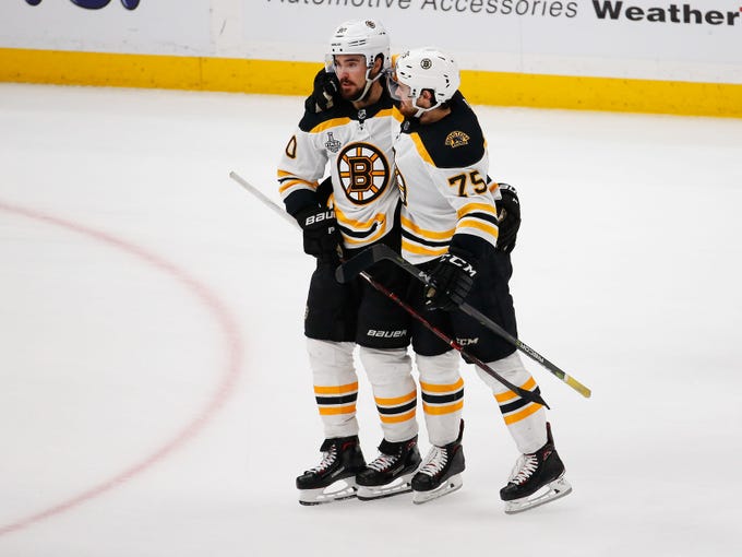 Game 3: Boston Bruins left wing Marcus Johansson (90) celebrates with defenseman Connor Clifton (75) after scoring during the third period.