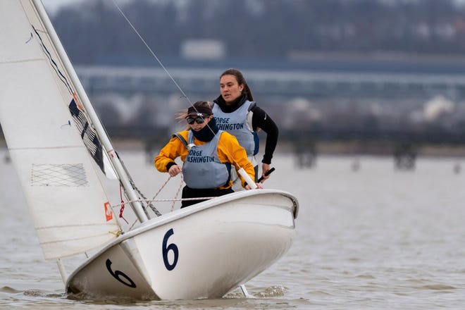 Riley Legault (back) sails with her teammate at George Washington University. Legault, who is from Bonita Springs, recently helped the Colonials finish fourth at the women's college sailing national championship.