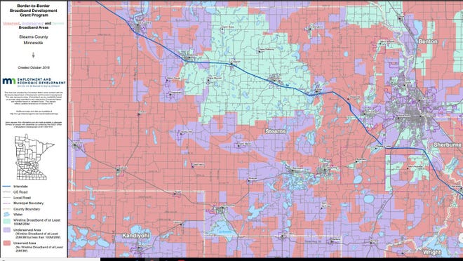 A 2018 Broadband Service Inventory map of Stearns County, from the Minnesota Office of Broadband Development. The pink indicates unserved areas, purple shows underserved areas and green highlights served areas.