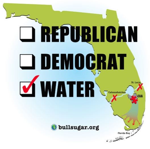 Bullsugar.org signs ask voters to eschew political parties and vote for clean water.