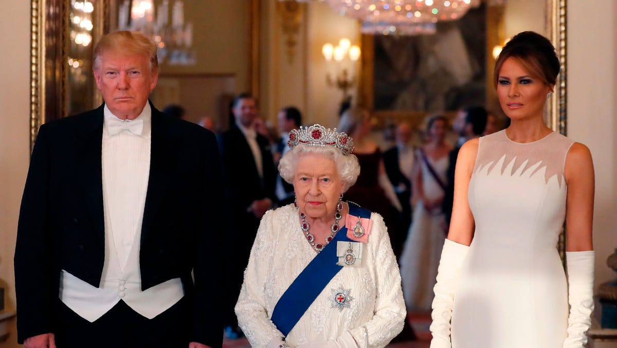 President Donald Trump donned white tie for the state banquet hosted by  Queen Elizabeth II in the ballroom at Buckingham Palace, while first lady Melania Trump wore a Dior Haute Couture ivory silk crepe gown with silk tulle detail, on June 3, 2019, on the first day of the Trump's three-day State Visit to the UK.