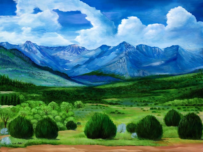 "Mountain Range," an oil-on-canvas painting by Curt Stafford is included in the artist's "Memories and Inspirations" exhibition.