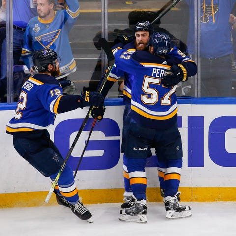 St. Louis Blues center Ryan O'Reilly celebrates...