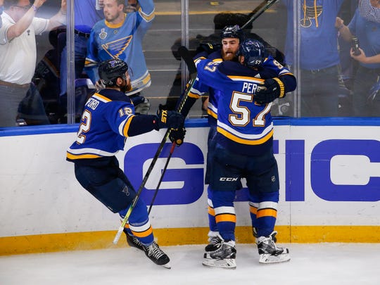 St. Louis Blues center Ryan O'Reilly celebrates after scoring in the third period.