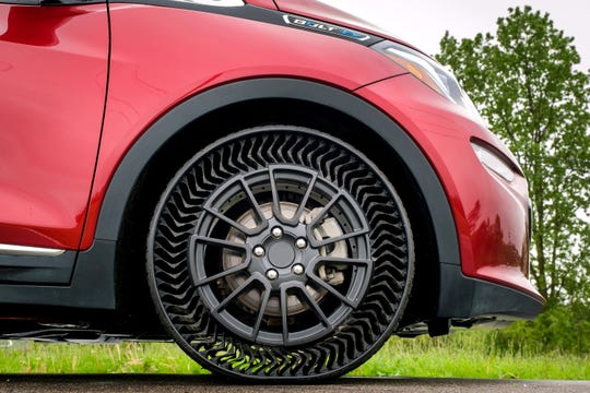 The Michelin Uptis Prototype is tested on a Chevrolet Bolt EV Wednesday, May 29, 2019, at the General Motors Milford Proving Ground in Milford, Michigan. GM intends to develop this airless wheel assembly with Michelin and aims to introduce it on passenger vehicles as early as 2024.