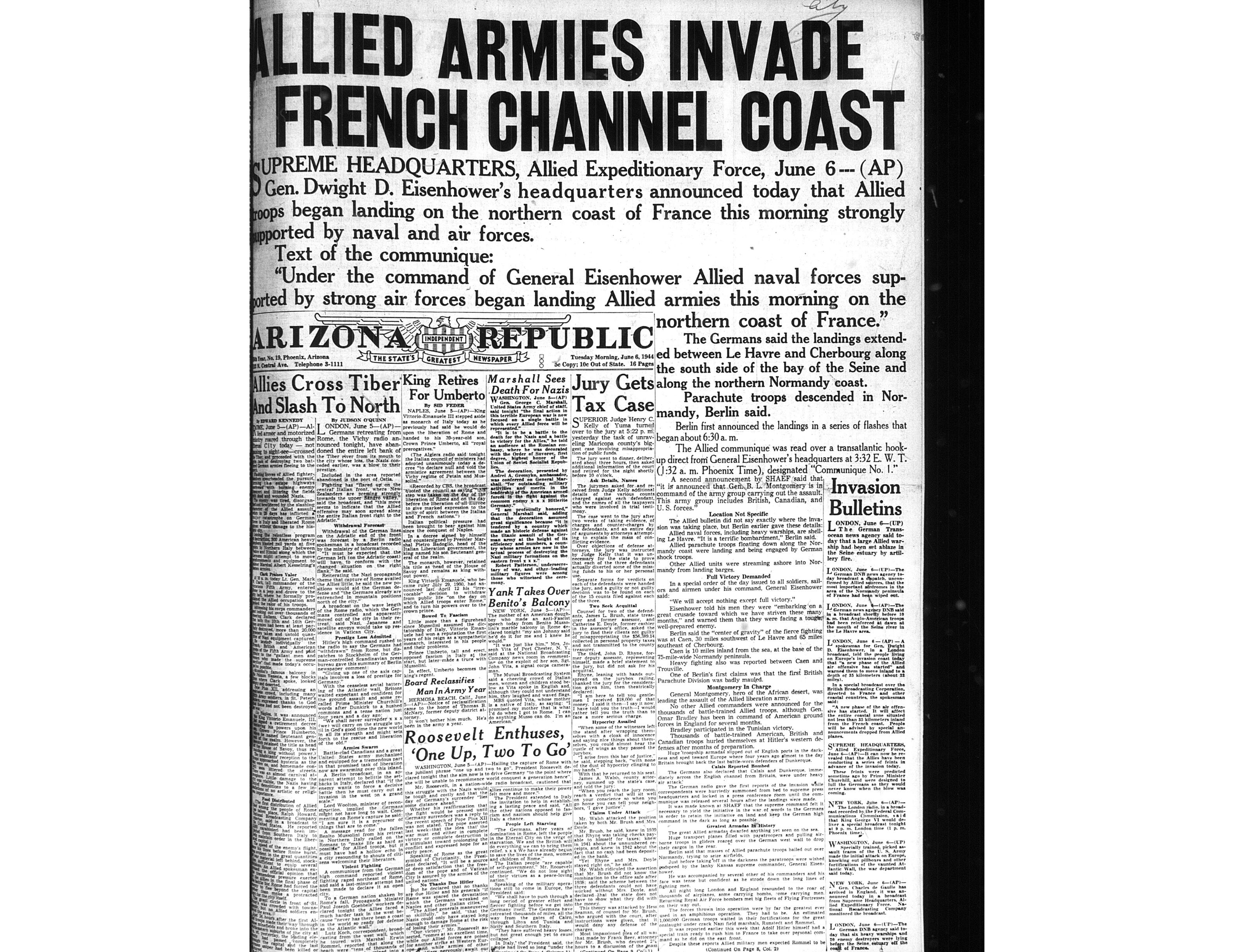 Arizona Republic and Phoenix Gazette front pages from DDay and beyond