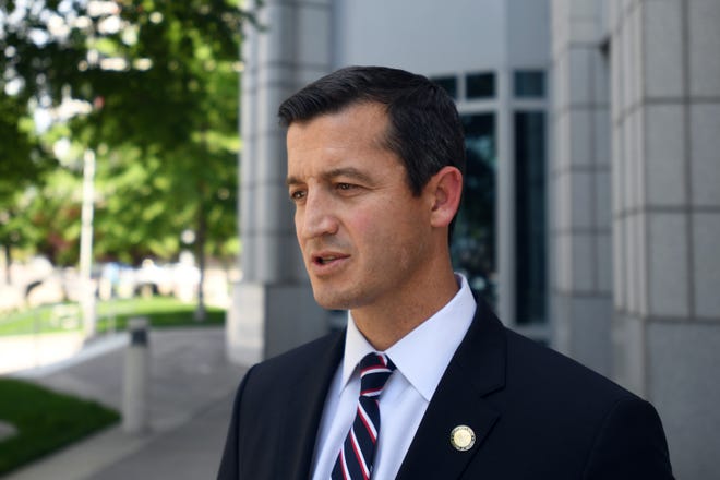U.S. Attorney for the District of Nevada Nicholas A. Trutanich speaks to a reporter outside the Bruce R. Thompson Federal Courthouse in downtown Reno on Wednesday, June 5. 