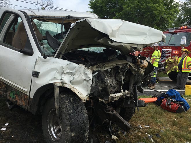 One of the two pickup trucks involved in a collision on Little Calf Pasture Highway on Wednesday, June 5, 2019.