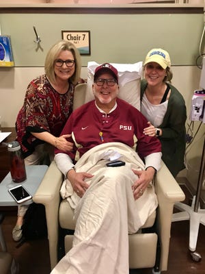 Florida State alum and former baseball umpire Nick DiLuzio shows is upbeat spirit after a treatment at the Tallahassee Memorial Cancer Center. He's joined by his wife Lorie (left) and daughter Kaitlin (Chiles High School volleyball coach).