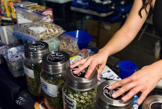Bags of psilocybin mushrooms, left, are seen displayed at a pop-up cannabis market in Los Angeles on Monday, May 6, 2019. Voters decided on May 8 that Denver will become the first U.S. city to decriminalize the use of psilocybin, the psychedelic substance in "magic mushrooms."
