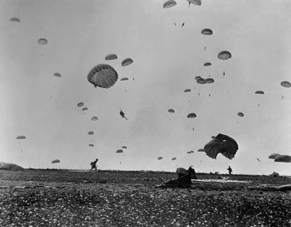 Paratroopers of the Allied Army land on La Manche on the coast of France on June 6, 1944, after Allied forces stormed the Normandy beaches during D-Day.