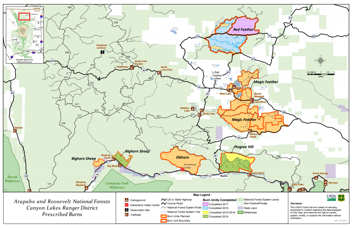 A map of prescribed burns in the Canyon Lakes Ranger District area.