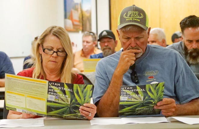 Alfalfa farmers Diane and Russ Jones look on during public hearing on medical cannabis at the Utah Department of Agriculture and Food Wednesday, June 5, 2019, in Salt Lake City, Utah. Potential marijuana growers raised concerns about the limitations of growing regulations at the public meeting held by agriculture officials about Utah's medical marijuana program. (AP Photo/Rick Bowmer)