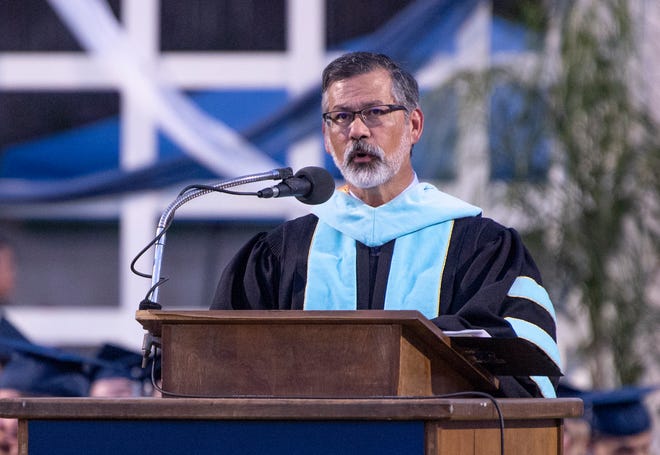 Superintendent Todd Oto speaks during the Redwood High School Commencement Ceremony at Mineral King Bowl on Wednesday, June 5, 2019.