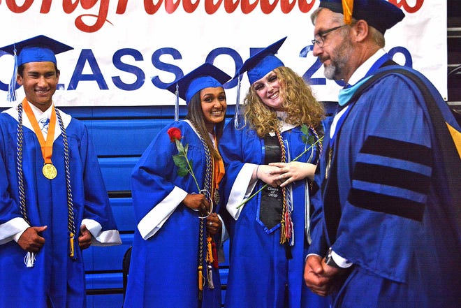 From left, Dover High School Class of 2019 valedictorian Matthew Bieker, salutatorian Meghana Lodhavia, president Piper Champiny and Capital School District superintendent Dr. Daniel Shelton. Voters in the Capital School District were among Delawareans who selected school board members May 9, 2023.