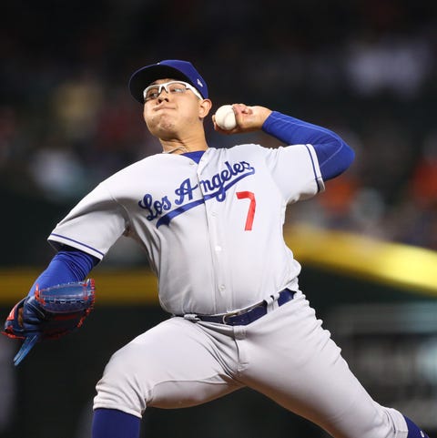 Los Angeles Dodgers pitcher Julio Urias in the...