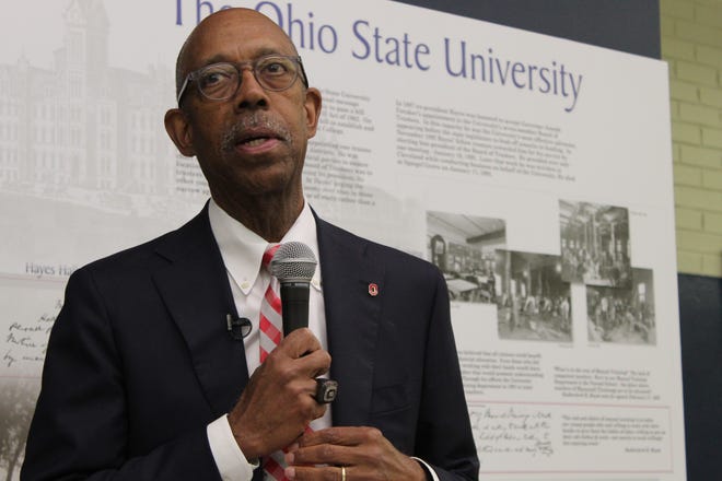 Ohio State University President Michael Drake speaks to OSU supporters Thursday at the Rutherford B. Hayes Presidential Library and Museums. Drake was visiting northwest Ohio this week as part of OSU's 150th anniversary celebration