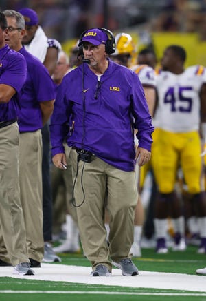 Sep 2, 2018;  Arlington, TX, USA;  LSU Tigers special teams coordinator Greg McMahon on the event during the game against the Miami Hurricanes at AT&T Stadium.  Mandatory Credit: Matthew Emmons-USA TODAY Sports
