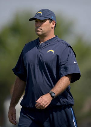 Jul 30, 2017; Costa Mesa CA, USA; Los Angeles Chargers assistant offensive line coach James Cregg reacts during the opening day of training camp at the Jack Hammett Sports Complex. Mandatory Credit: Kirby Lee-USA TODAY Sports