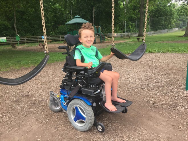 Eli Guard, 5, during a recent interview/visit to Memorial Park on June 7, 2019. His mother, Nichole, recently worked to get accessible swings for kids like Eli for four Pataskala parks, still be installed.