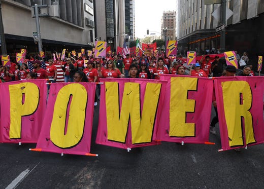 Union members, activists and their supporters march through the city during their annual May Day procession in support of workers' rights and immigrant freedom in Los Angeles on May 1, 2019. May Day has been an international workers' celebration for more than 130 years.