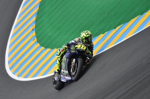 Valentino Rossi rides during the second MotoGP free practice session, ahead of the French Motorcycle Grand Prix, on May 17, 2019, in Le Mans, France.