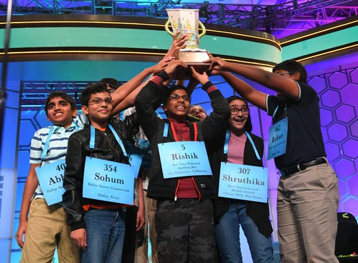 Rishik Gandhasri, Erin Howard, Saketh Sundar, Shruthika Padhy, Sohum Sukhatankar, Abhijay Kodali, Christopher Serrao and Rohan Raja are all announced as winners during the 2019 Scripps National Spelling Bee at Gaylord National Resort and Convention Center in National Harbor, MD, on May 31, 2019.