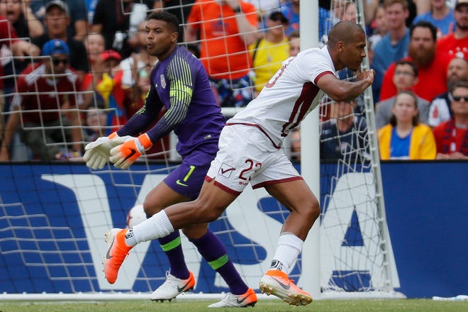 United States goalkeeper Zack Steffen (1) reacts after being scored on by Venezuela forward Jose Salomon Rondon (23) during the first half.