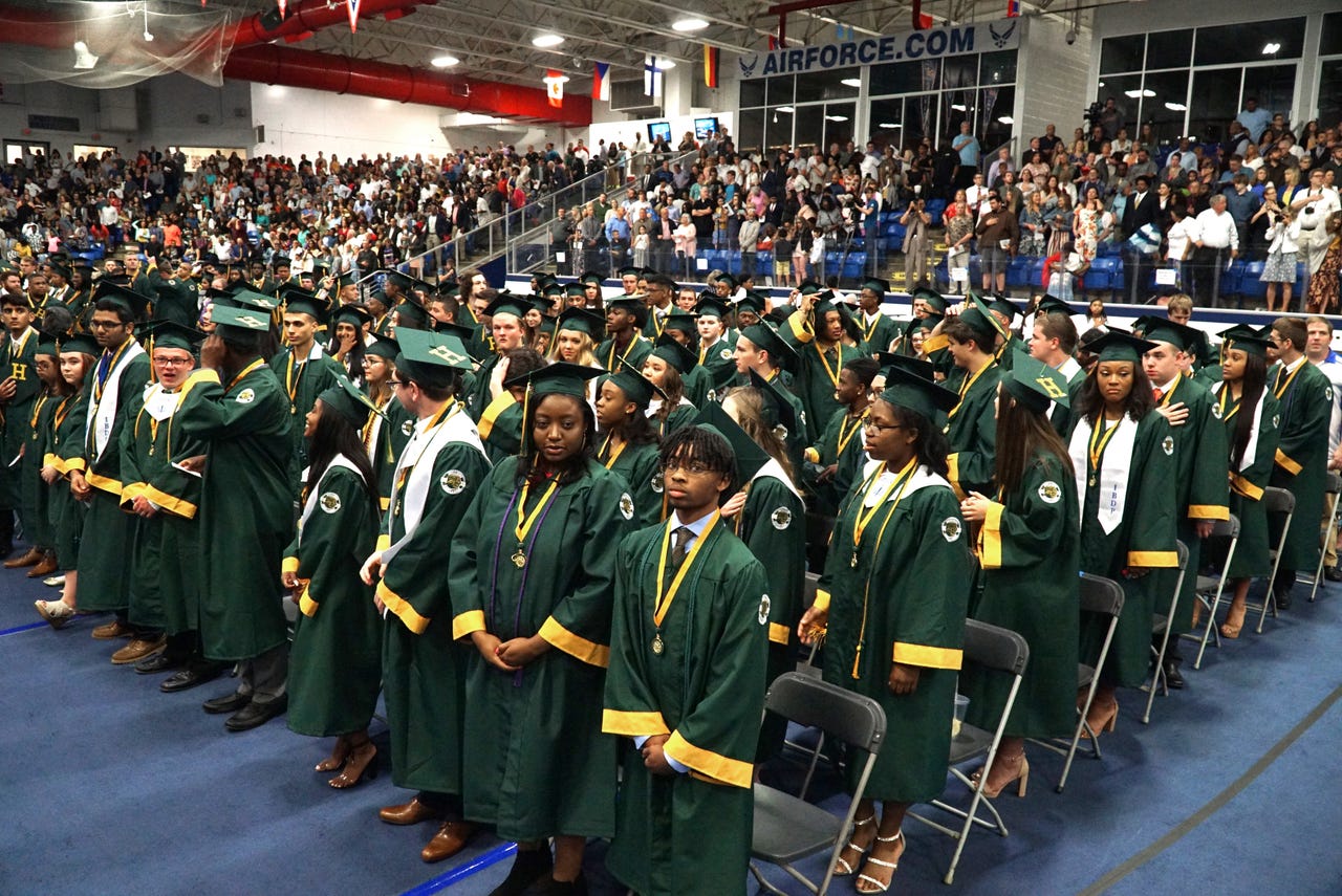 The final graduating class of Farmington Hills Harrison enjoys its commencement exercise on Sunday, June 9, 2019 at Plymouth Township's USA Hockey Arena. 