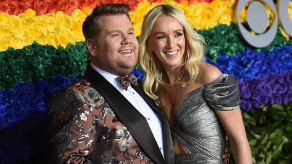 James Corden, left, and Julia Carey arrive at the...