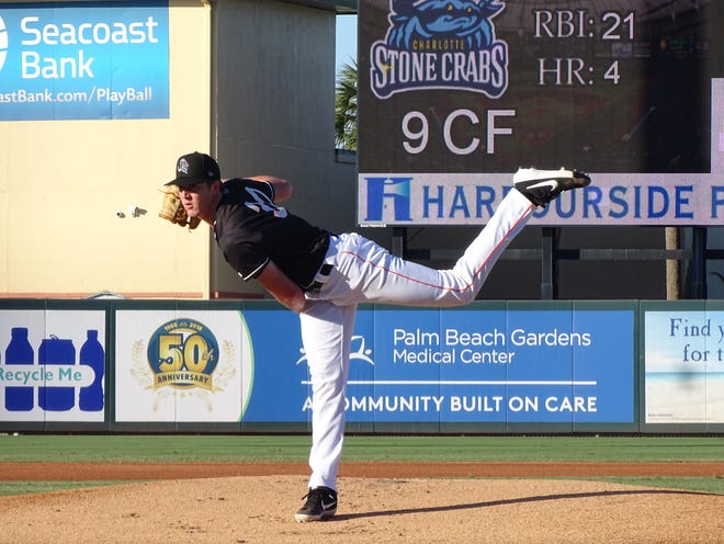 Trevor Rogers pitches against the Charlotte Stone Crabs on May 21, 2019. Through 11 games for the Jupiter Hammerheads, Rogers is 2-6 with an ERA of 3.03. He's pitched in 62.2 innings and has 65 strikeouts.