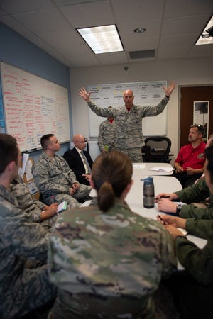 Col. Wayne Straw, Squadron Officer School commandant, gives his feedback to a group of SOS students who are participating in the school's Think Tank elective, May 31, 2019, Maxwell Air Force Base, Alabama. The Think Tank elective challenges Air Force captains to come up with solutions to big Air Force issues.