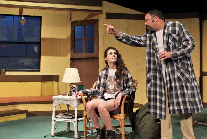 Herbert Tucker (Doug Jeter) makes his point during a discussion with his daughter Libby (Lauren Bridwell), who has shown up unannounced at his Hollywood residence in this rehearsal scene from McMurry University summer theater production of "I Ought to be in Pictures."