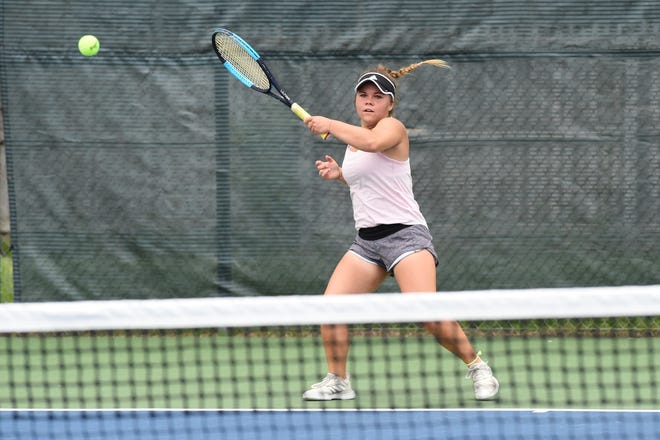 Kaitlyn Strain, of Abilene, hits a shot during the third round of the Texas Slam Girls 16 singles consolation bracket at Clack Middle School on Tuesday. Strain battled, but fell 6-4, 6-2 to end her tournament.
