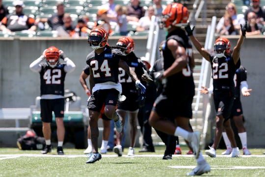 Cincinnati Bengals cornerback B.W. Webb (24) and the secondary celebrate a pass break up during minicamp practice, Tuesday, June 11, 2019, at Paul Brown Stadium in Cincinnati. 