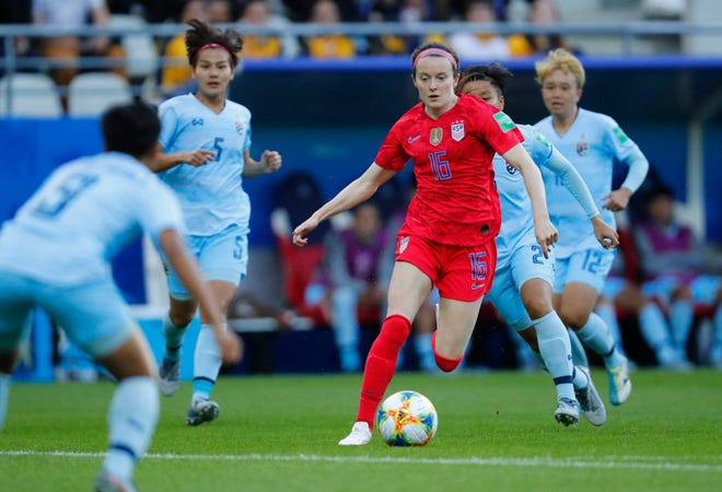 United States midfielder Rose Lavelle (16) controls the ball against Thailand during the first half in group stage play during the FIFA Women's World Cup France 2019 at Stade Auguste-Delaune on June 11.