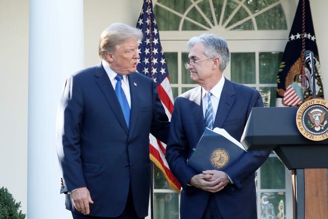 President Trump announces his nominee for the chairman of the Federal Reserve, Jerome Powell, on Thursday, Nov. 2, 2017.  On June 11, 2019, Trump tweets: “The Fed interest rate way too high, added to ridiculous quantitative tightening! They don’t have a clue!”