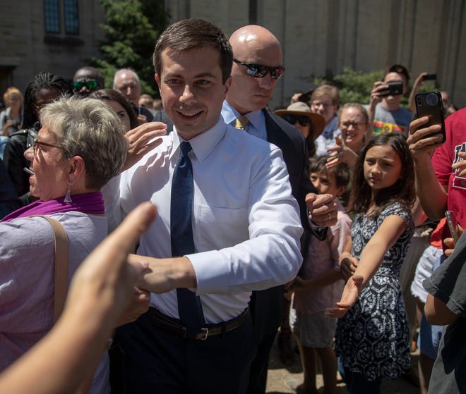 Pete Buttigieg greets well-wishers at a campaign rally at Indiana University Auditorium, Bloomington, Tuesday, June 11, 2019. 