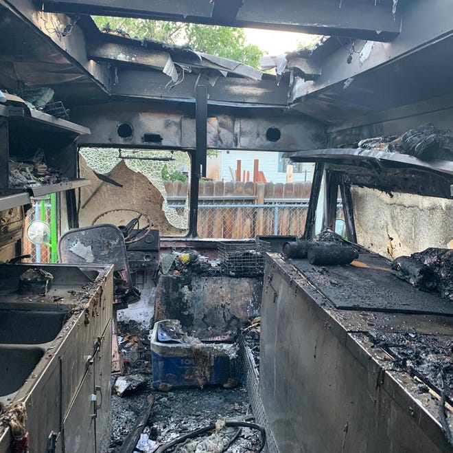 The interior of the Nom Eats vegan food truck that burned on the evening of June 10, 2019. The fire might have been caused by the spontaneous combustion of rags damp with vegetable oil.