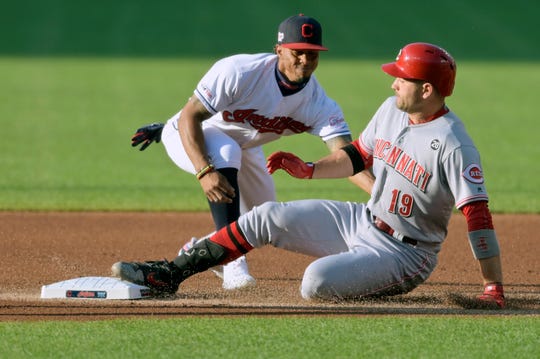 Jun 11, 2019; Cleveland, OH, USA; Cincinnati Reds first baseman Joey Votto (19) slides in to second base with a double against Cleveland Indians shortstop Francisco Lindor (12) in the first inning at Progressive Field. Mandatory Credit: David Richard-USA TODAY Sports