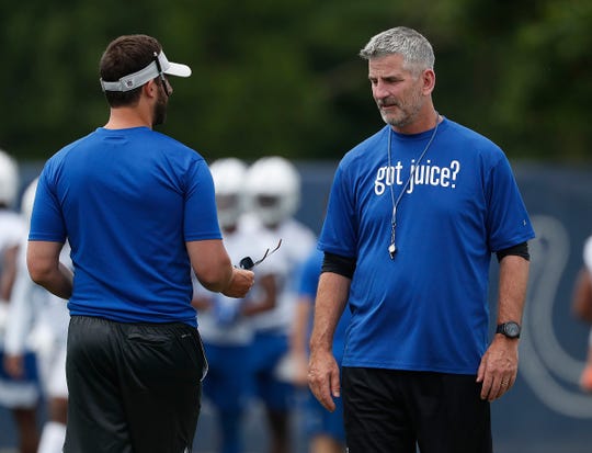 Indianapolis Colts head coach Frank Reich talks with offensive coordinator Nick Sirianni during the Colts mandatory minicamp at the Colts Complex on Wednesday, June 12, 2019.