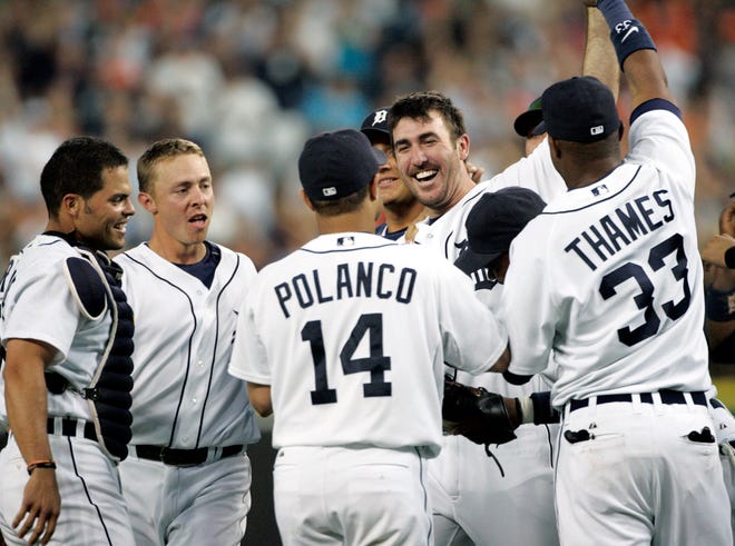 Detroit Tigers pitcher Justin Verlander, second from right, celebrates with, from left, Ivan Rodrigeuz, Brandon Inge, Placido Polanco and Marcus Thames after pitching a no-hitter against the Milwaukee Brewers in an interleague baseball game Tuesday, June 12, 2007, in Detroit. The Tigers beat the Brewers 4-0.