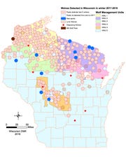 A map showing wolf packs identified in Wisconsin in the winter of 2017-18. The most recent work, conducted in 2018-19, showed a very similar distribution, according to the DNR, but with a few additional packs within known wolf range. The updated map is expected to be available later in 2019.