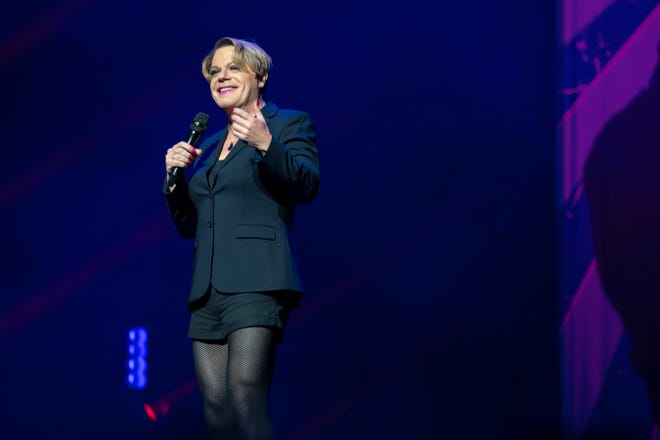 Eddie Izzard performing "Wunderbar" in "girl mode" at the Beacon Theatre in New York City.