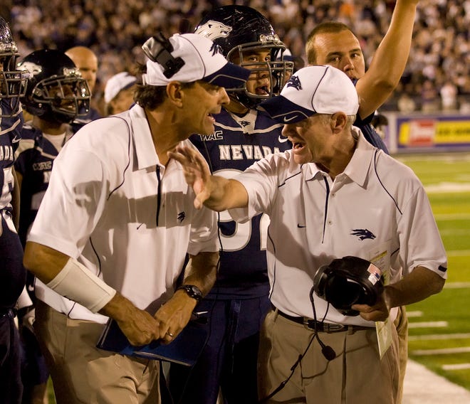 Mike Bradeson, left with head coach Chris Ault, coached at Nevada in two long stints (1986 to 1991, and 2010-2016).
