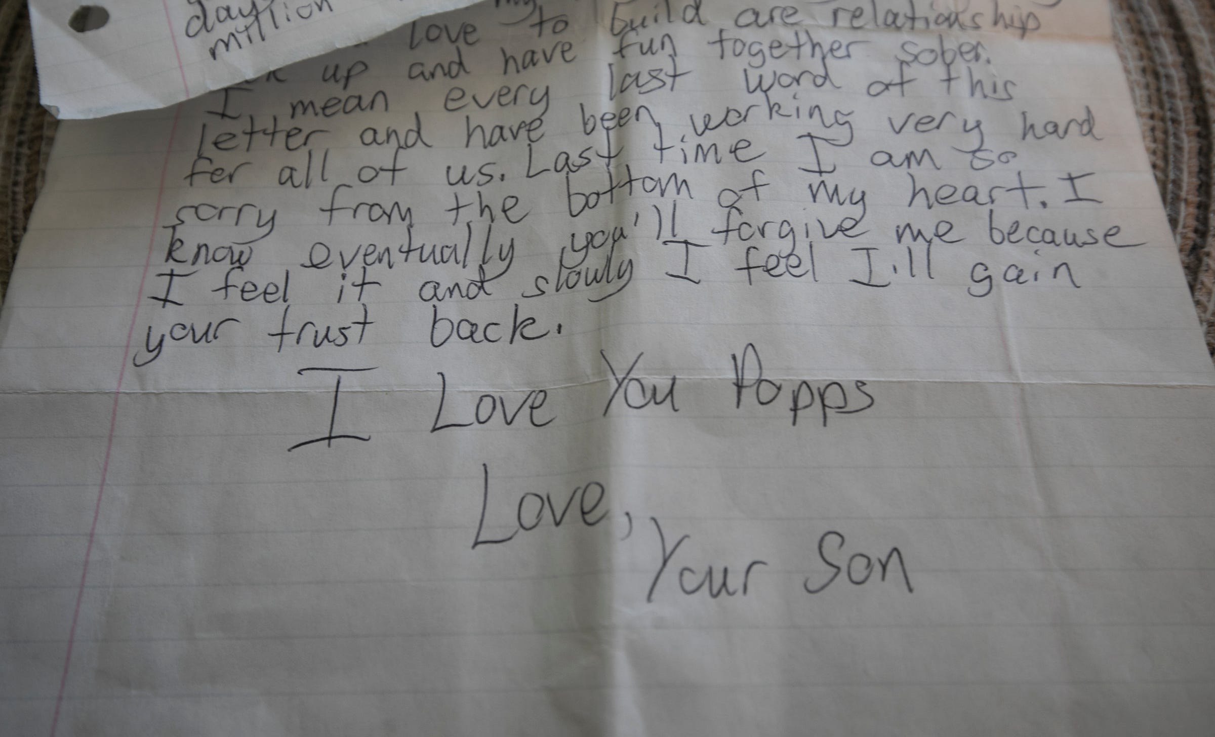 Andy Hopson, 51, of Livonia, a recovering addict, talks about the loss of his son Dakota, who died on May, 5, 2016, of a heroin overdose. He received this letter from his son, who was in rehab in California at the time.